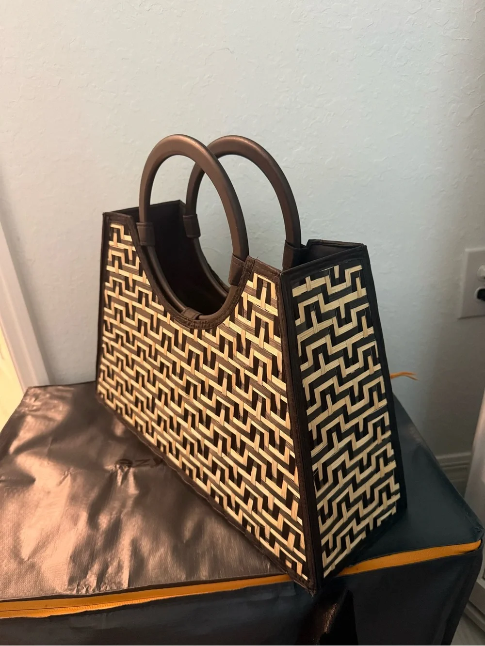 Black and Cream Geometric Weave Tote Bag